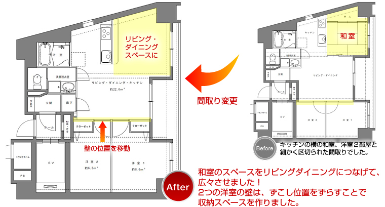 和室のスペースをリビングダイニングにつなげて、広々させました！